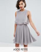Asos Petite Embellished Trim Double Ruffle Crop Top Skater Dress - Gray