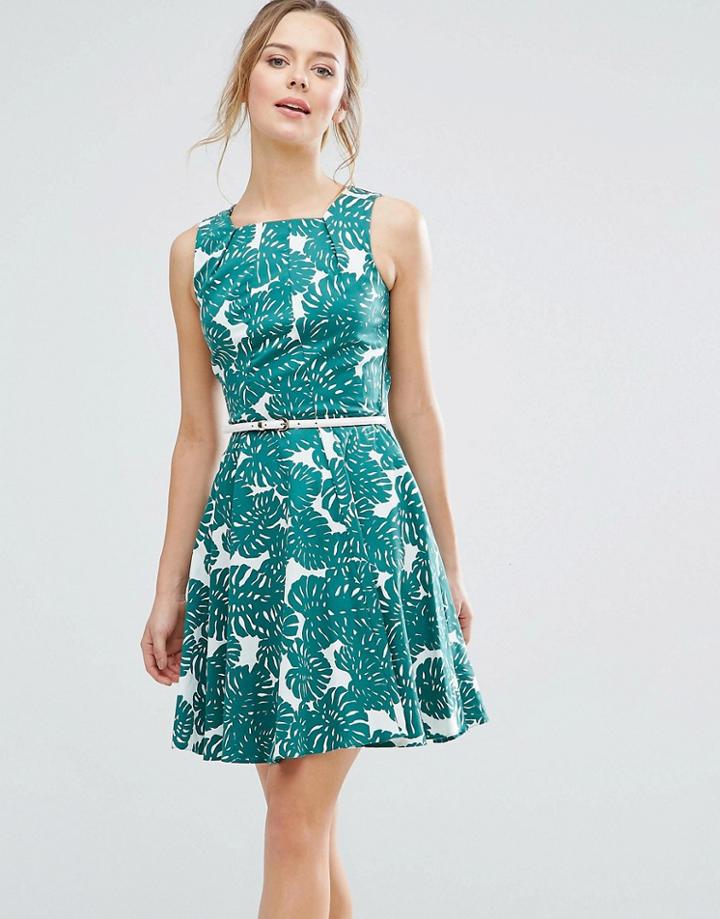 Closet London Rose Print Belted Skater Dress - Green
