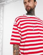 Asos Design Oversized Organic Cotton Striped T-shirt In Red