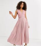 Little Mistress Tall Lace Top Midi Skater Dress With Pleated Skirt In Pink