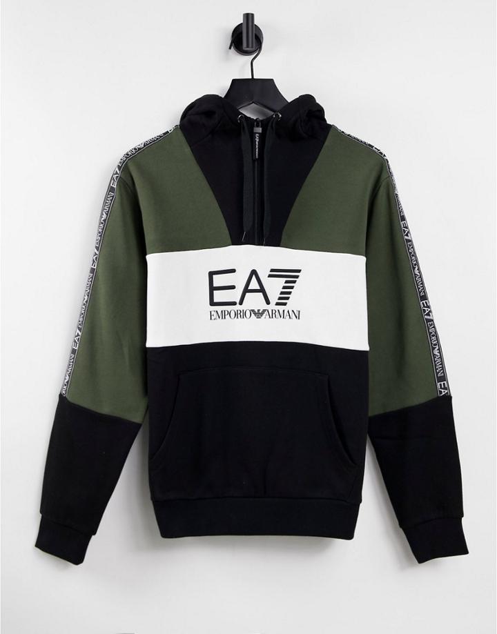 Armani Ea7 Train Athletic Color Block Large Logo Overhead Fleece Hoodie In Black/khaki