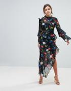 Miss Selfridge Floral Print Asymmetric Ruffle Detail Midi Dress - Multi