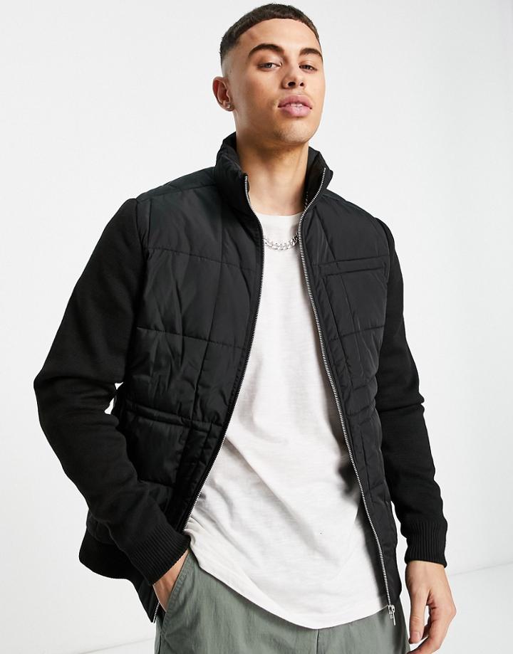 Jack & Jones Premium Quilted Jacket With Knitted Sleeves In Black