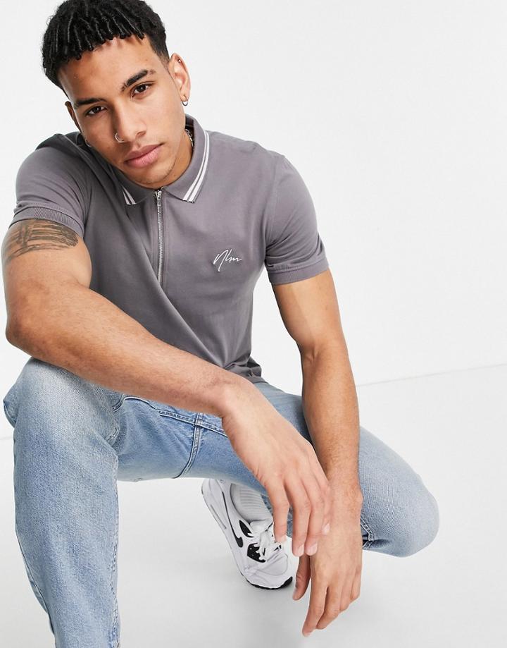 New Look Polo With Nlm Embroidery In Gray-grey