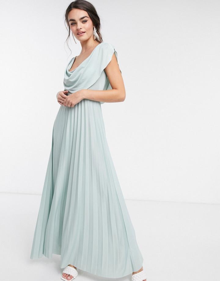 Asos Design Cowl Neck Maxi Pleated Dress In Light Sage-blues