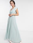 Asos Design Cowl Neck Maxi Pleated Dress In Light Sage-blues