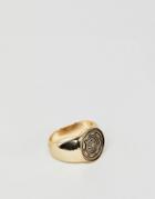 Asos Design Signet Ring With Compass In Burnished Gold - Gold