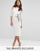 Little Mistress Tall Cold Shoulder Lace Pencil Dress With Floral Embroidery - Cream