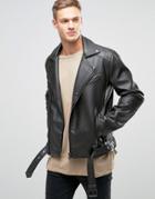 Asos Belted Faux Leather Biker Jacket In Black - Black