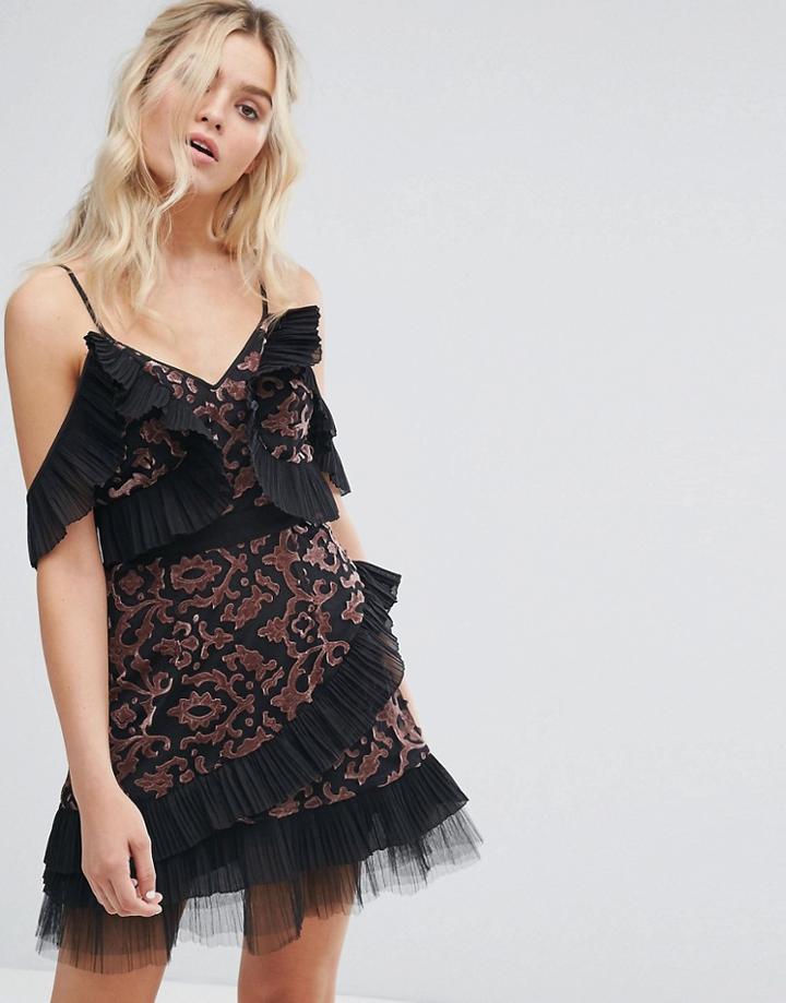 Stevie May Velvet Applique Mesh Mini Dress With Contrast Pleat Frills - Multi
