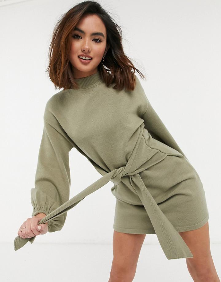 Style Cheat Balloon Sleeve Tie Waist Knitted Wrap Mini Dress In Dusty Sage-green