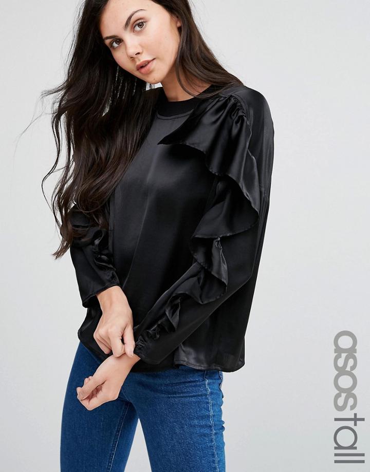 Asos Tall Ruffle Sweat Top In Satin - Black