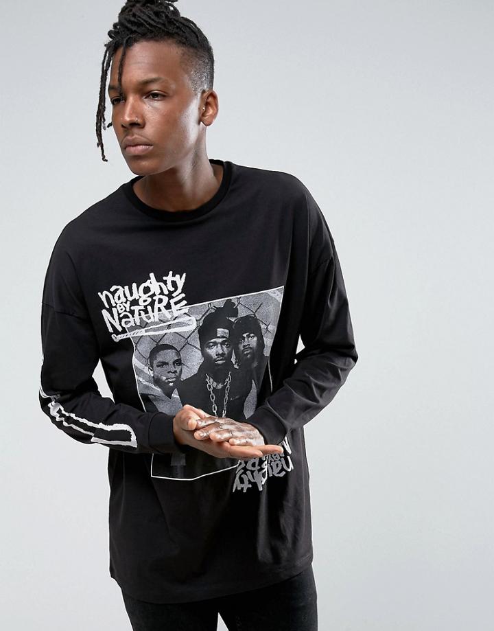 Asos Naughty By Nature Oversized Band Long Sleeve T-shirt With Retro Print - Black