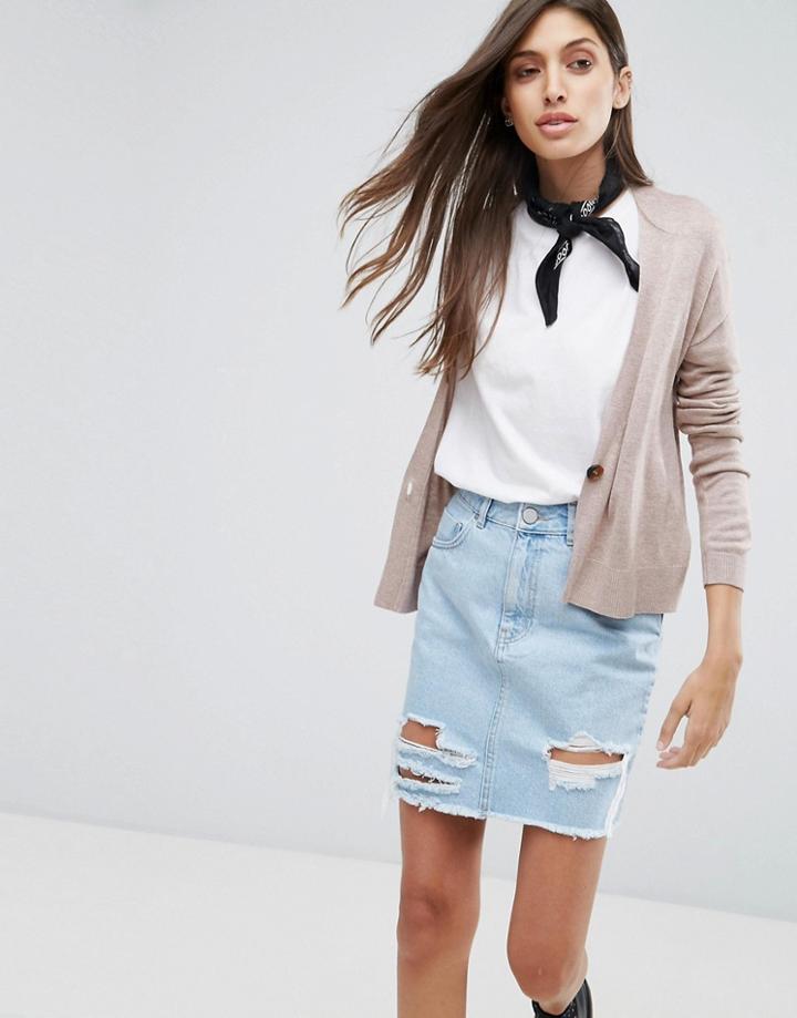 Asos Cardigan In Fine Knit With One Button - Stone