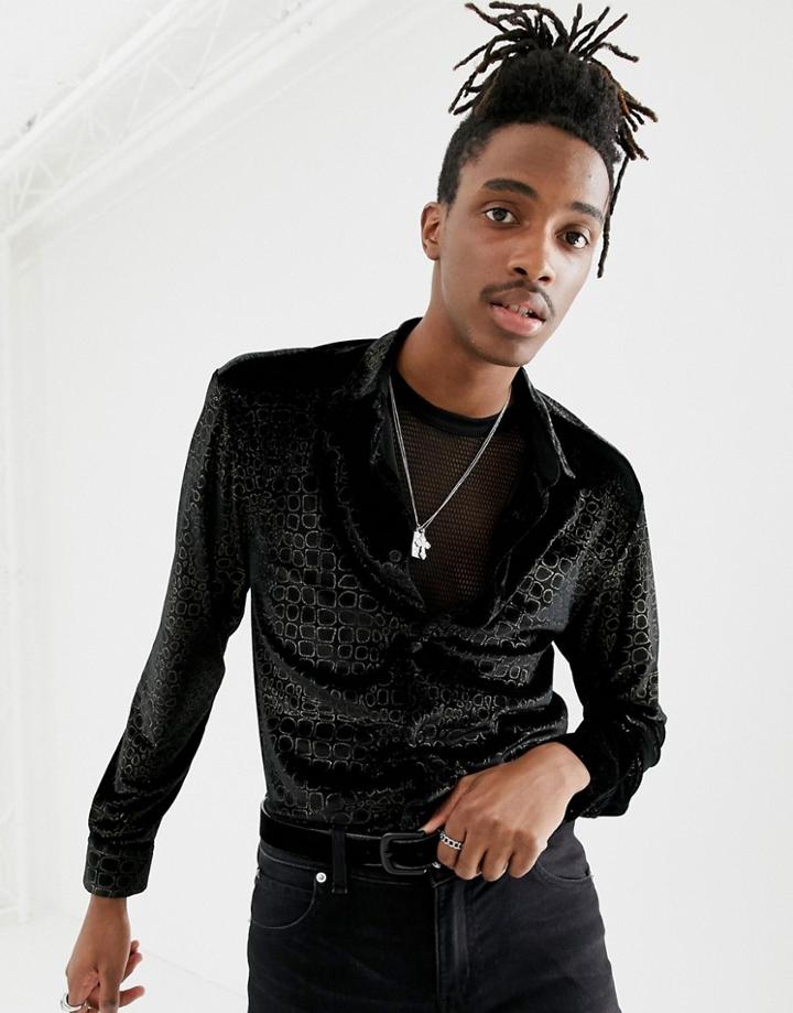 Jaded London Long Sleeve Shirt In Velvet Crocodile Foil-black