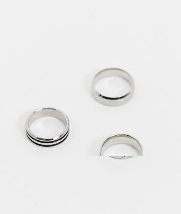 Asos Design Non-tarnish 3 Pack Stainless Steel Band Ring Set In Silver Tone