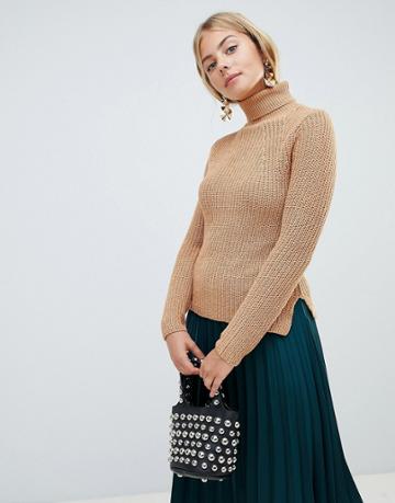 Brave Soul Honey Ribbed Roll Neck Sweater With Stitch Detail - Brown