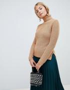Brave Soul Honey Ribbed Roll Neck Sweater With Stitch Detail - Brown