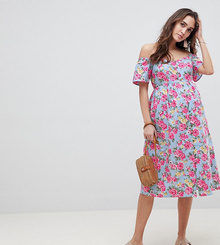Asos Design Maternity Ultimate Off Shoulder Ruffle Midi Sundress In Vintage Floral - Multi