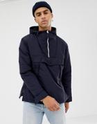 Bershka Hooded Jacket In Navy With Half Zip And Side Zips - Navy