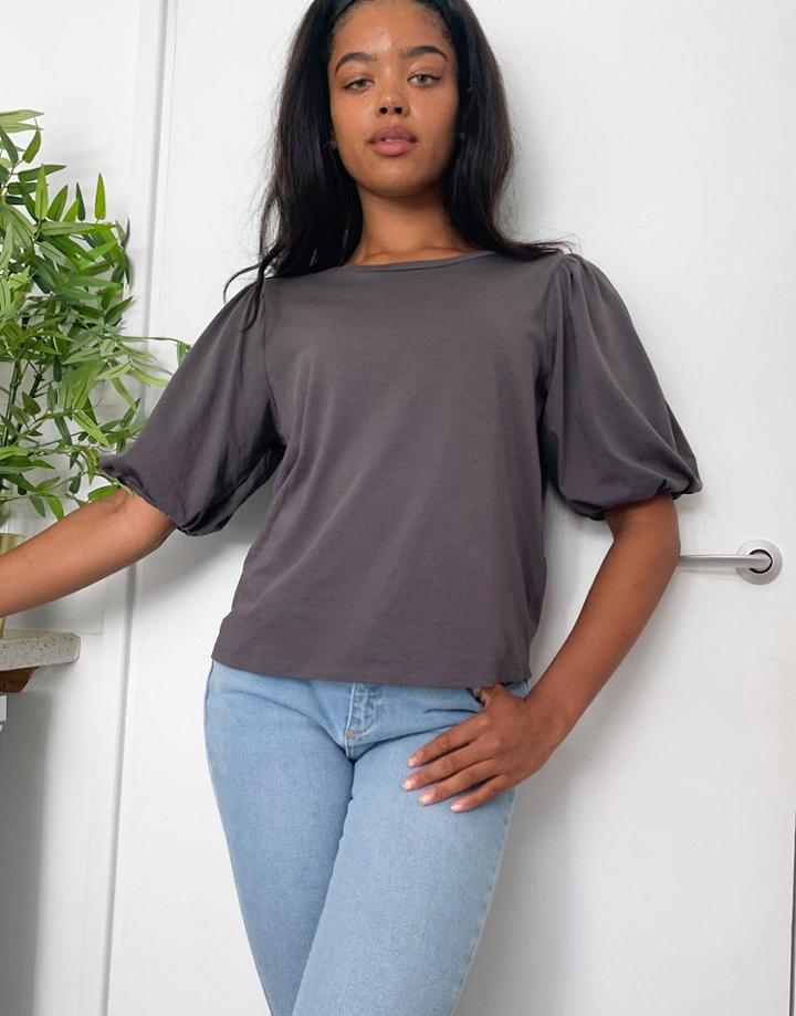 Asos Design T-shirt With Puff Sleeve-grey