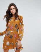Ax Paris Long Sleeve Shift Dress With Frill Detail In Bold Floral Print - Tan