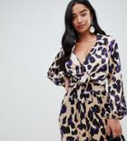 John Zack Petite Wrap Shirt In Purple Leopard-multi