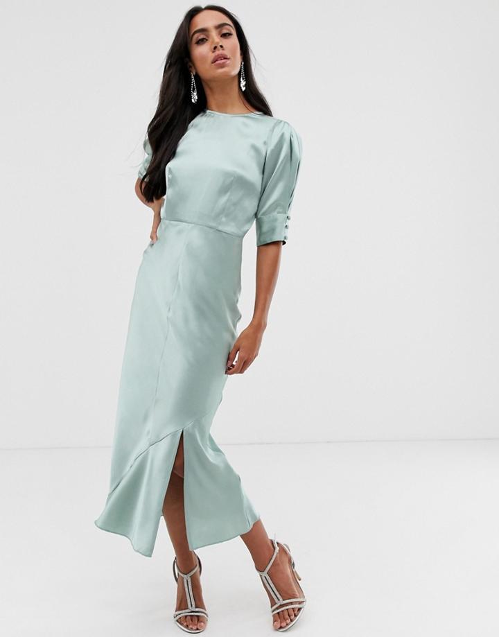 Asos Design Bias Midi Dress With Puff Sleeves In Satin - Green