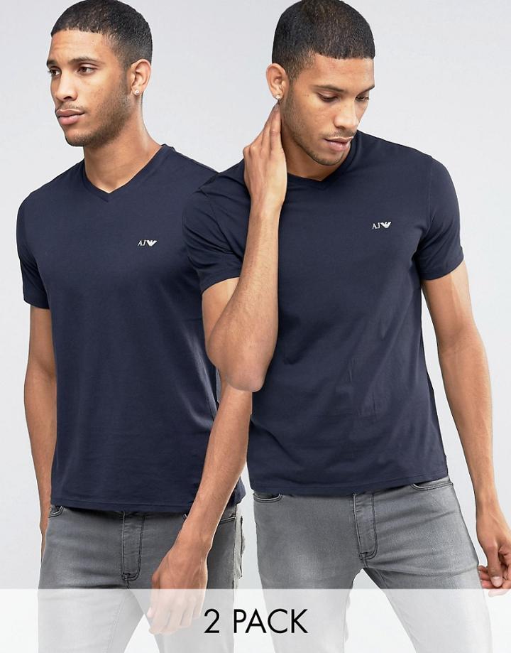 Armani Jeans T-shirt With V Neck 2 Pack In Navy - Navy