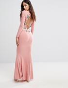 Club L Long Sleeve Maxi Dress With Embroidered Floral Back Detail - Pink