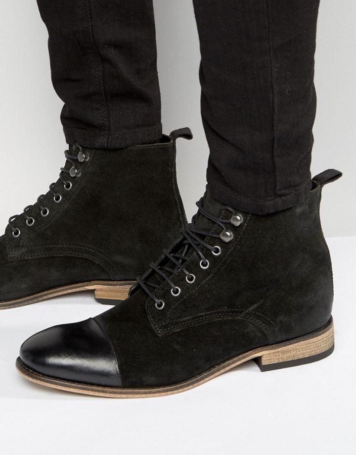 Asos Lace Up Boots In Black Suede With Toecap - Black