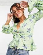 Asos Design V Neck Long Sleeve Blouse With Ruched Front In Green Floral-multi