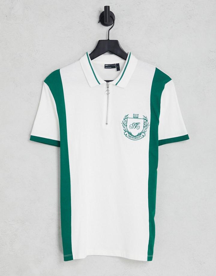 Asos Design Polo T-shirt In White With Green Color Block With Front Print - Mgreen - Mgreen