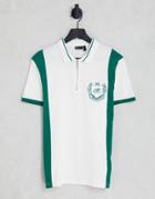 Asos Design Polo T-shirt In White With Green Color Block With Front Print - Mgreen - Mgreen