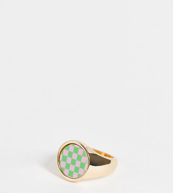 Asos Design Curve Ring In Green And Pink Checkboard Design In Gold Tone