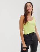 Asos Design One Shoulder Top In Rib In Washed Neon - Green