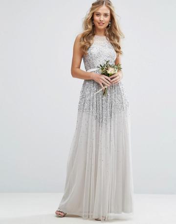 Amelia Rose Mesh Maxi Dress With Sequin Embellished Placement - Gray