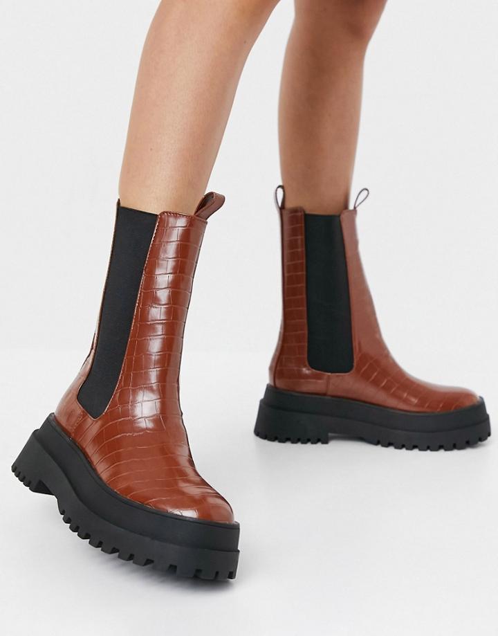 Public Desire Blame Chunky Boots In Tan Croc-brown