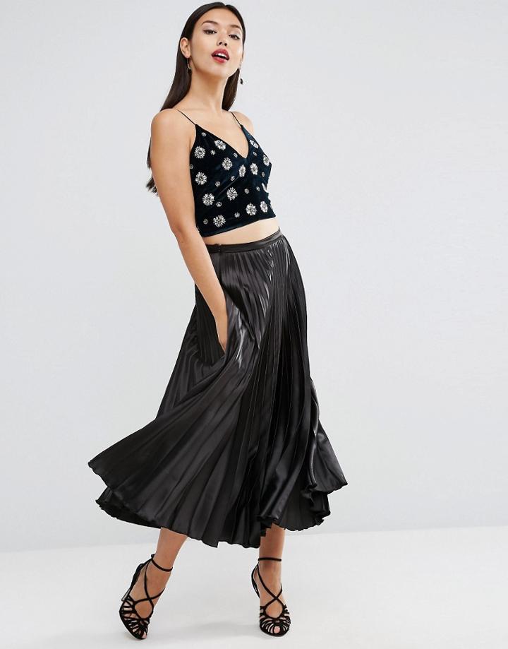 Asos Midi Skirt In Pleated Satin - Black