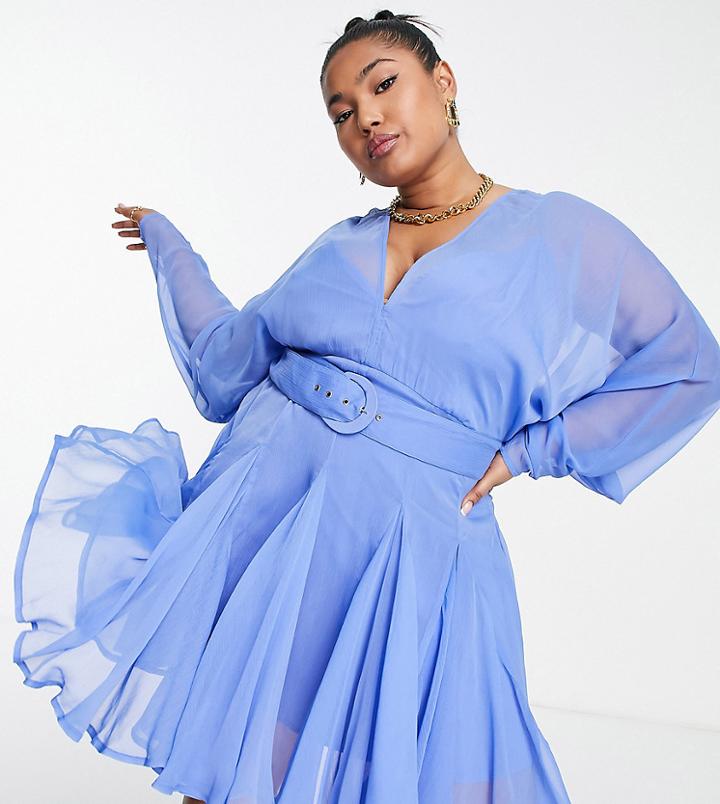 Asos Design Curve Soft Mini Dress With Flare Detail And Belt In Blue