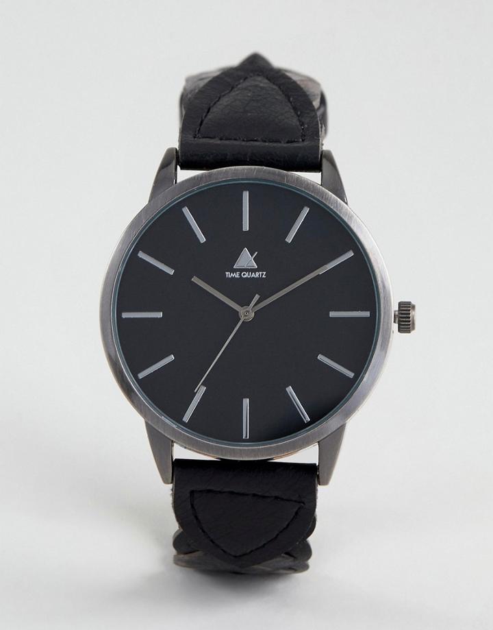 Asos Watch With Black Leather Plaited Strap And Burnished Silver Case - Black