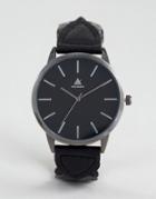 Asos Watch With Black Leather Plaited Strap And Burnished Silver Case - Black