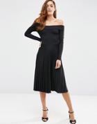 Asos Long Sleeve Bardot Midi Pleated Dress - Black