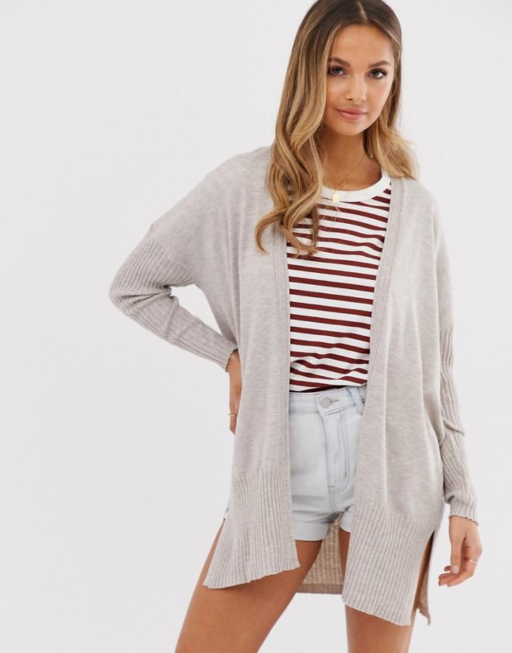 Asos Design Long Line Fine Knit Cardi In Recycled Blend - Stone