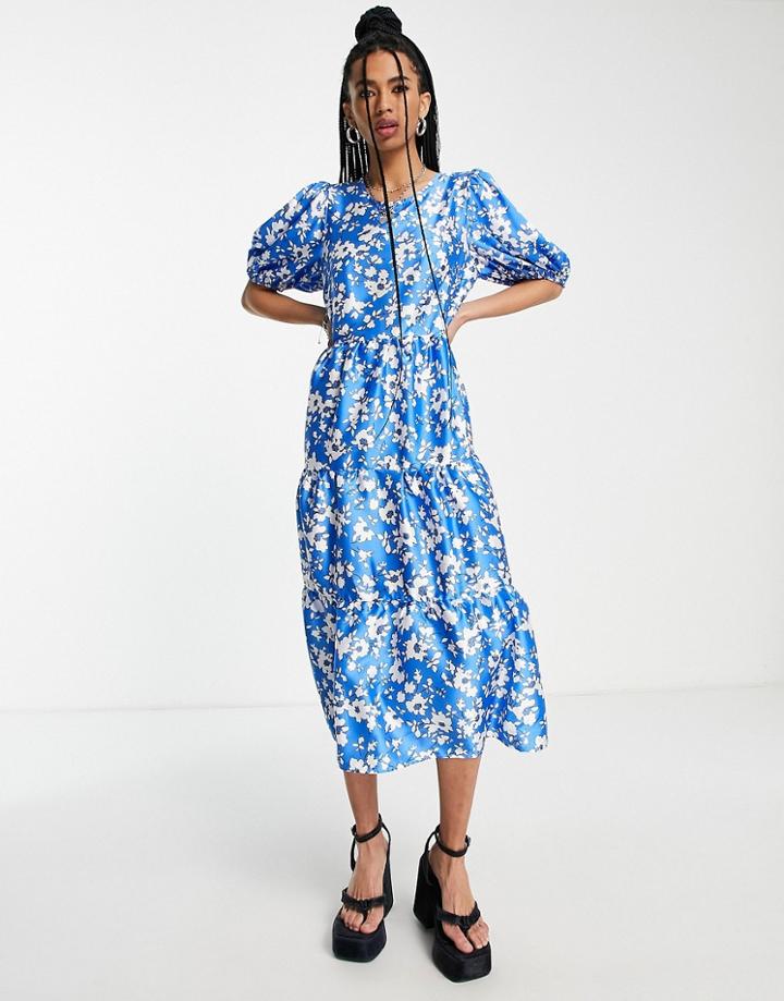 Twisted Wunder Tiered Maxi Smock Dress In Blue Floral