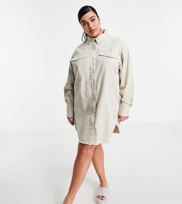 Collusion Plus Frayed Hem Mini Shirt Dress In Beige-neutral