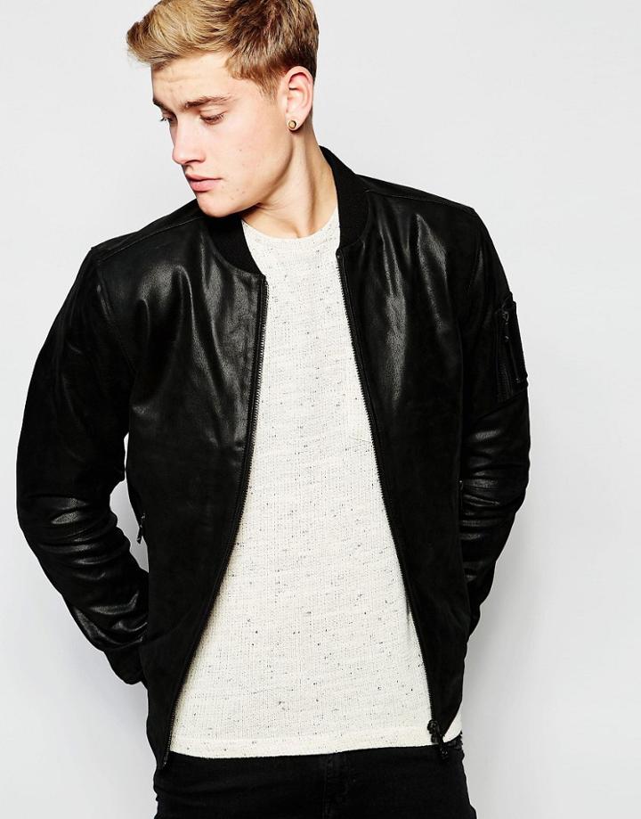 !solid Leather Bomber Jacket - Black