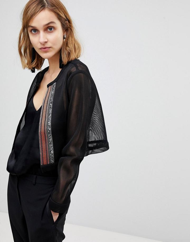 Deby Debo Mandaline Mesh Long Sleeved Top With Beaded Panel - Black