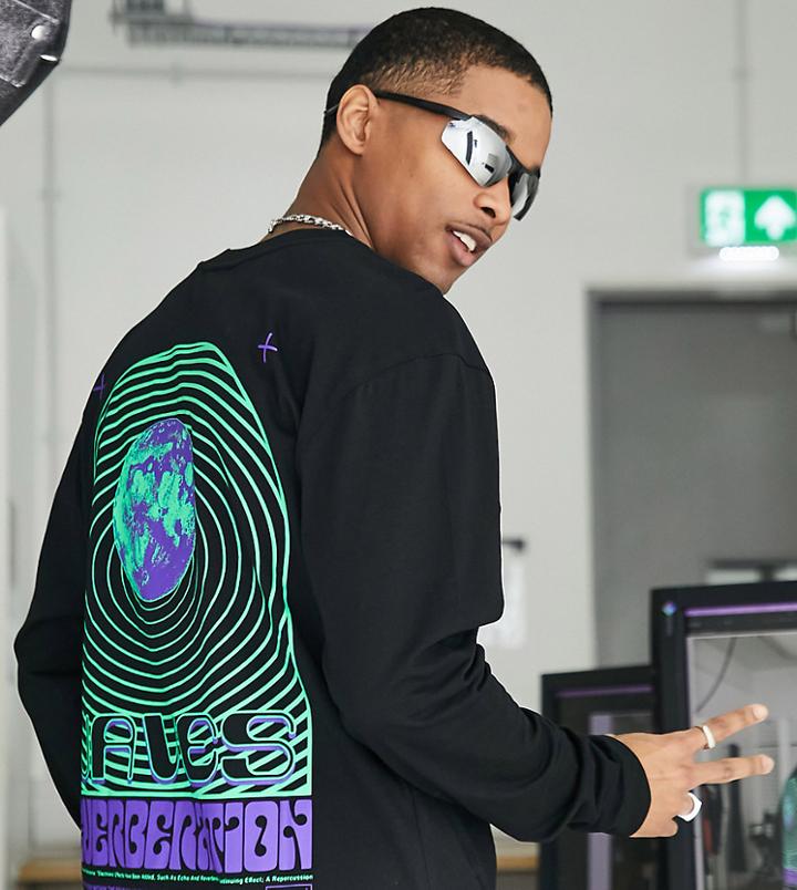 Collusion Long Sleeve T-shirt With Waves Print In Black
