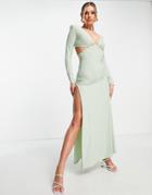 Femme Luxe Long Sleeve Maxi Dress With Shoulder Pads In Sage Green